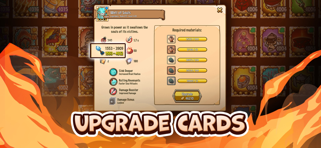 Crazy Defense Heroes: RPG TD - A menu screen from Crazy Defense Heroes showing the upgrade requirements and stats for a legendary Well of Souls card