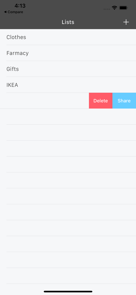 Dashboard showing multiple shopping lists with swipe to share and delete options