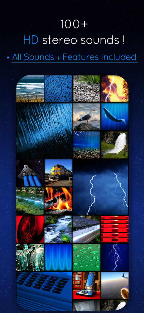 Sleep Machine - Uma grade mostrando uma variedade de sons ambientes estéreo de alta definição disponíveis no aplicativo Máquina de Dormir.