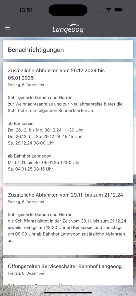Langeoog - die offizielle App - Ein Screenshot des Benachrichtigungsbereichs in der offiziellen Langeoog-App, der Aktualisierungen des Fährplans zeigt.