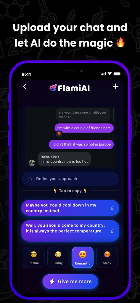 Flami AI app interface showing AI generated romantic response suggestions for a dating chat screenshot