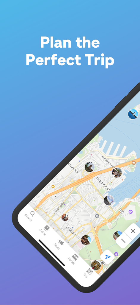 Tripomatic app interface showing a city map of Sydney with points of interest and travel planning features