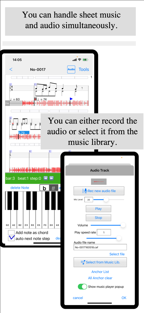 Notate + Play = music notebook - Music notation interface showing sheet music synced with audio waveforms and a track recording menu