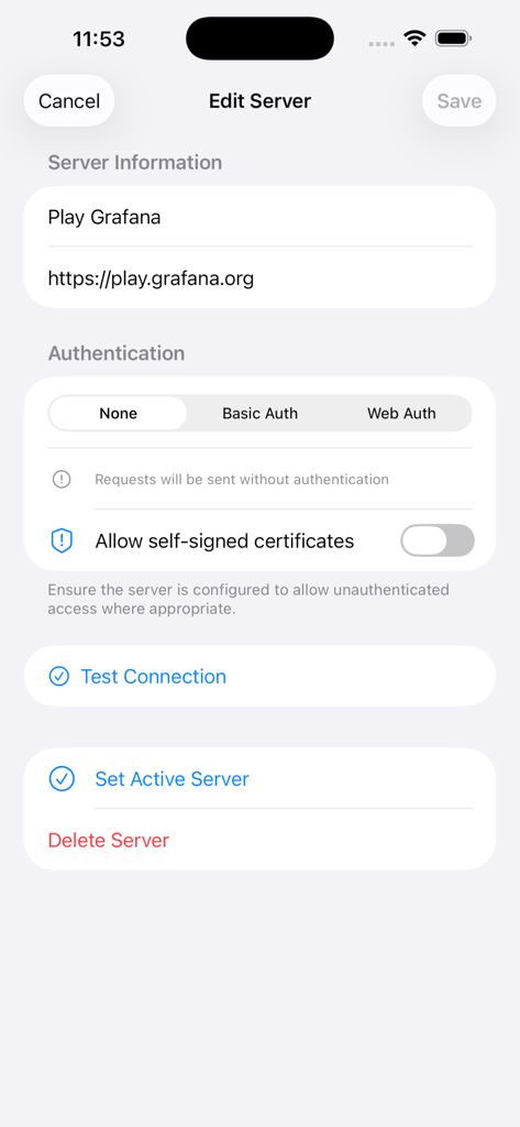 GrafanaUI - Interface for editing Grafana server details including URL and authentication methods in the GrafanaUI mobile app