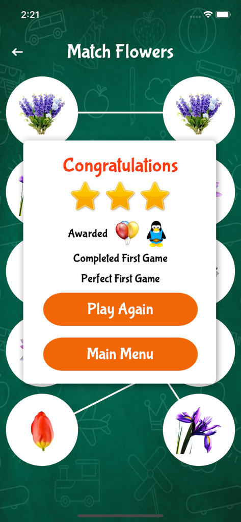 Match It - Fun Learning Game - Congratulations popup in the Match It learning game showing three stars and awards for completing a level