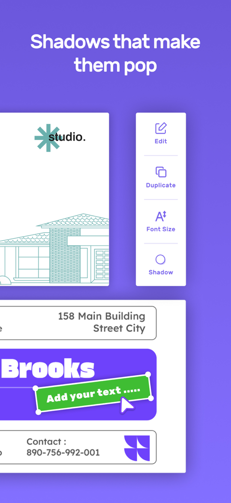 Business Card Design Maker - Visitenkarten-Design-Oberfläche mit Schattenanpassung und Textbearbeitungswerkzeugen