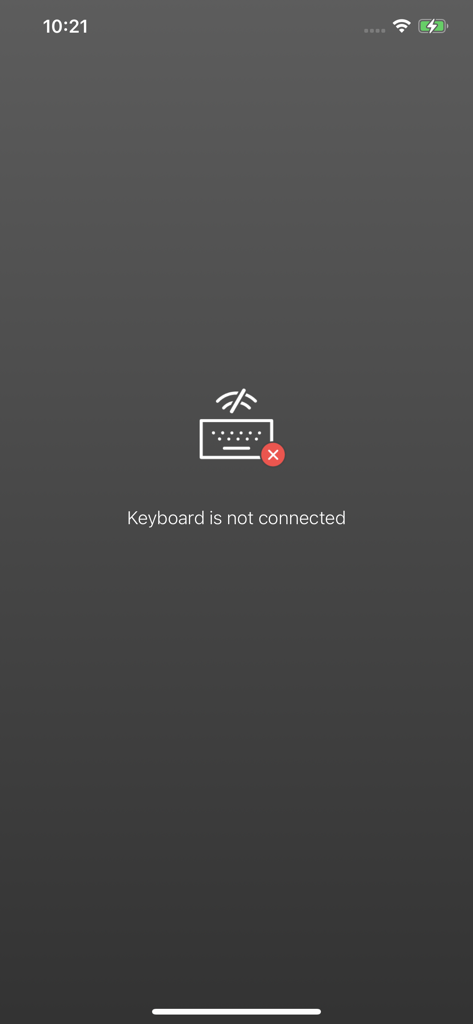 Pantalla de la aplicación Teclado ZAGG que muestra un mensaje de que el teclado no está conectado.