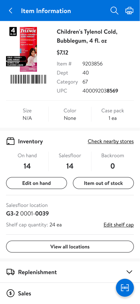 MyWalmart-App-Oberfläche, die Lagerbestände und den Standort auf der Verkaufsfläche für ein bestimmtes Produkt anzeigt