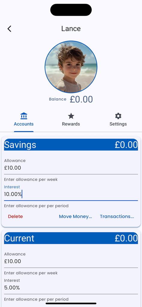 Allowabank (Allowance Monitor) - Allowabank App-Dashboard, das das Konto eines Kindes mit Spar- und Taschengeld-Einstellungen anzeigt