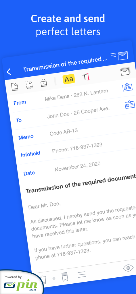 EasyLetter mobile app interface showing a professional letter being drafted on a smartphone