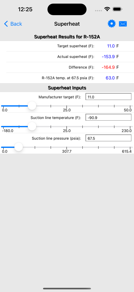 HVAC RefCharge - Interface of the HVAC RefCharge mobile app displaying superheat results and input sliders for R-152A refrigerant