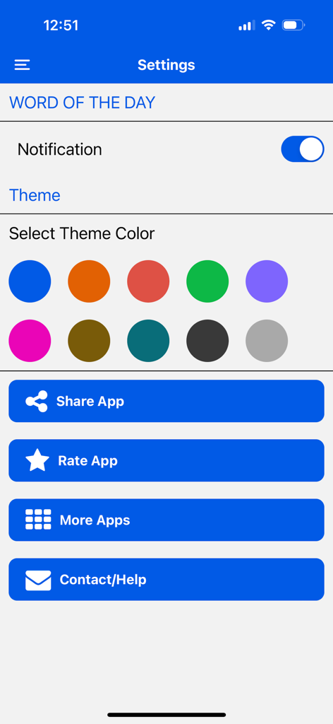 Menú de configuración de la aplicación Diccionario Alemán Rumano que muestra opciones de color de tema y el interruptor de notificación de palabra del día.