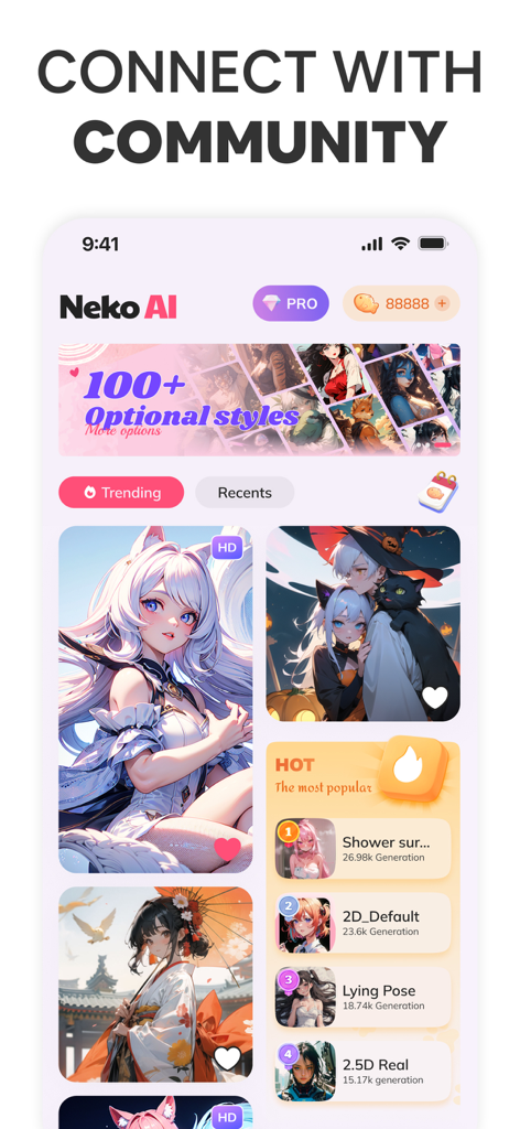 Neko AI app interface displaying a community feed of generated anime art and trending styles