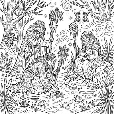 Journey into a realm where ancient magic meets winter's chill with this captivating Swamp Witches coloring page. Bring frosty bogs and mystical figures to life with your unique palette.