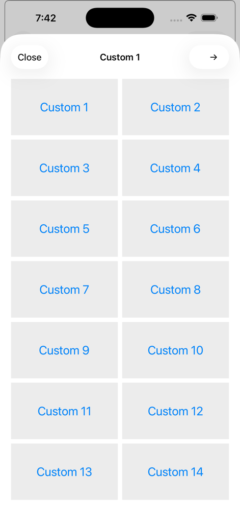Uma grade de quatorze botões de frases rápidas personalizáveis na interface do aplicativo Talk For Me.