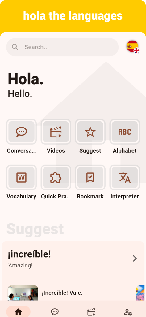 Spanish  - Listening Speaking - La schermata principale dell'app Spanish Listening Speaking che mostra il menu principale con categorie di apprendimento come conversazioni e video.