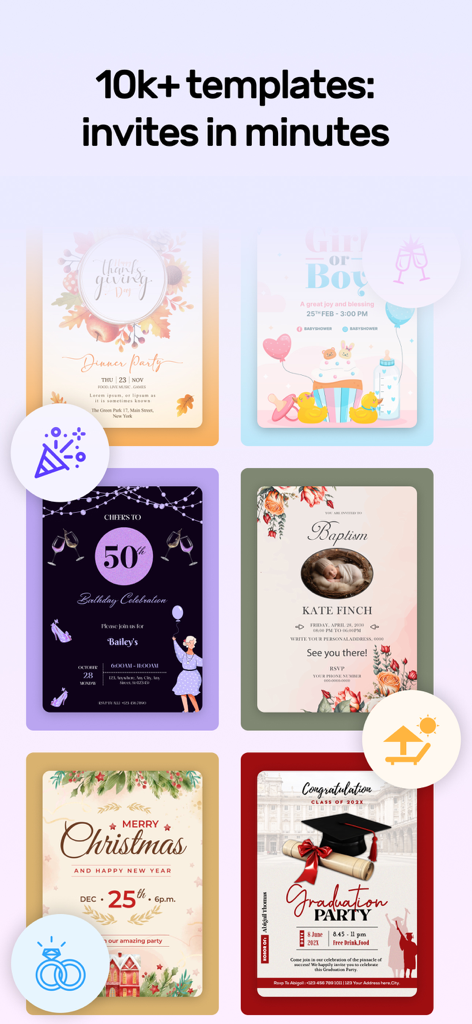 Invitation Card Design Maker - A collection of diverse invitation card templates for various social events like birthdays, graduations, and holidays.