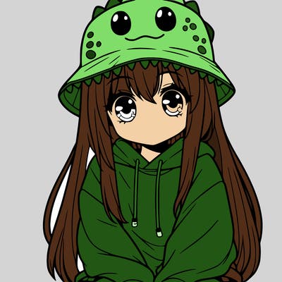 girl with anime shaped eyes with a dinosaur bucket hat oversized sweatshirt long straight hair