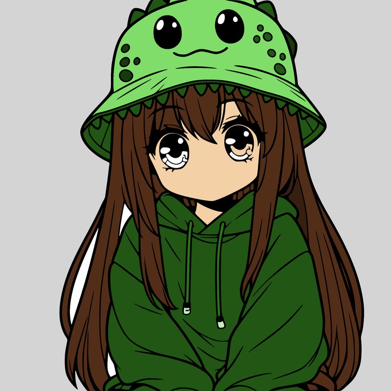 girl with anime shaped eyes with a dinosaur bucket hat oversized sweatshirt long straight hair