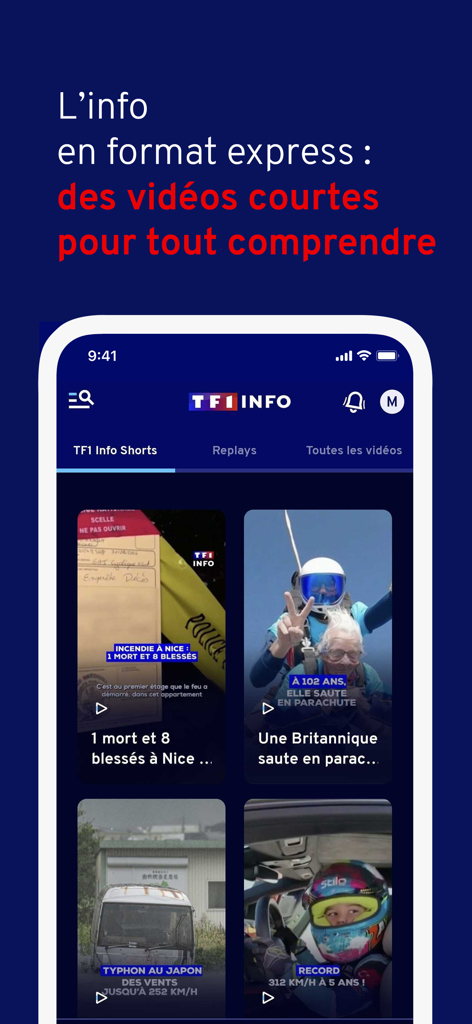 Interface de l'application mobile TF1 INFO montrant un flux de courtes vidéos d'actualité intitulées TF1 Info Shorts.