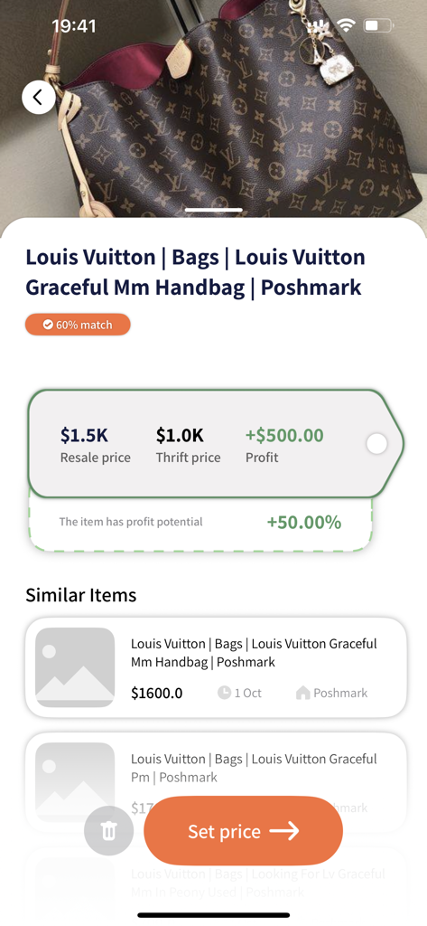 The Thrift AI－Profit Αρρ - Thrift AI app displaying profit potential and market comparison for a luxury handbag