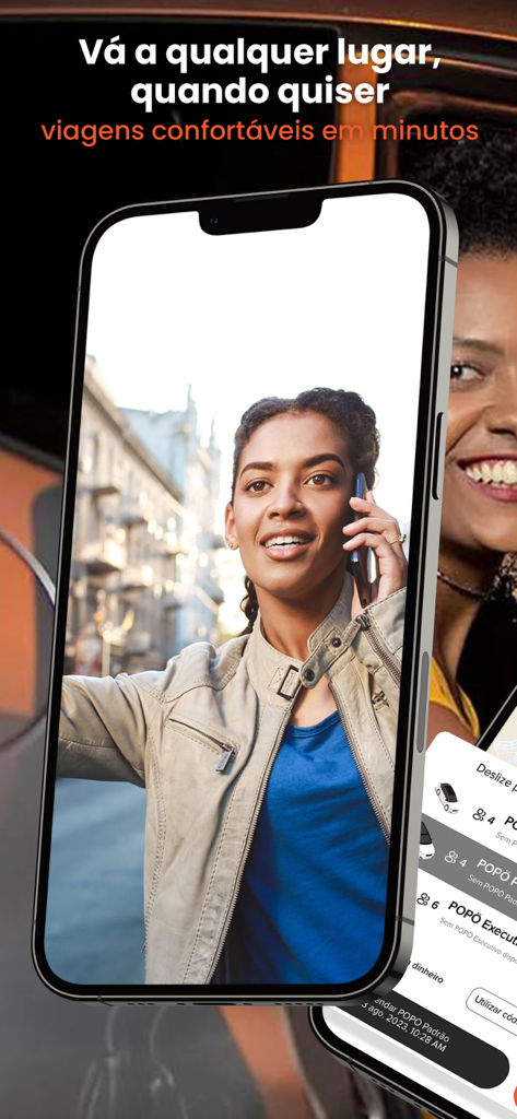 POPÖ - Smartphone displaying the POPO taxi app with a woman smiling on a phone call and ride options.