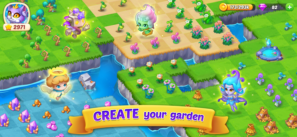 Merge Tales - A vibrant game screen of Merge Tales showing magical fairies and creatures in a floating garden with the text Create your garden