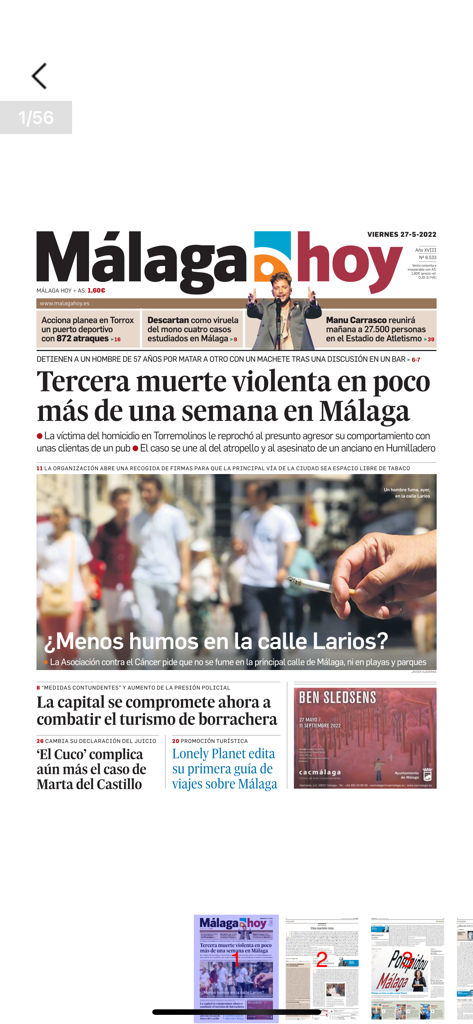 Portada de la aplicación de noticias Málaga hoy que muestra titulares locales