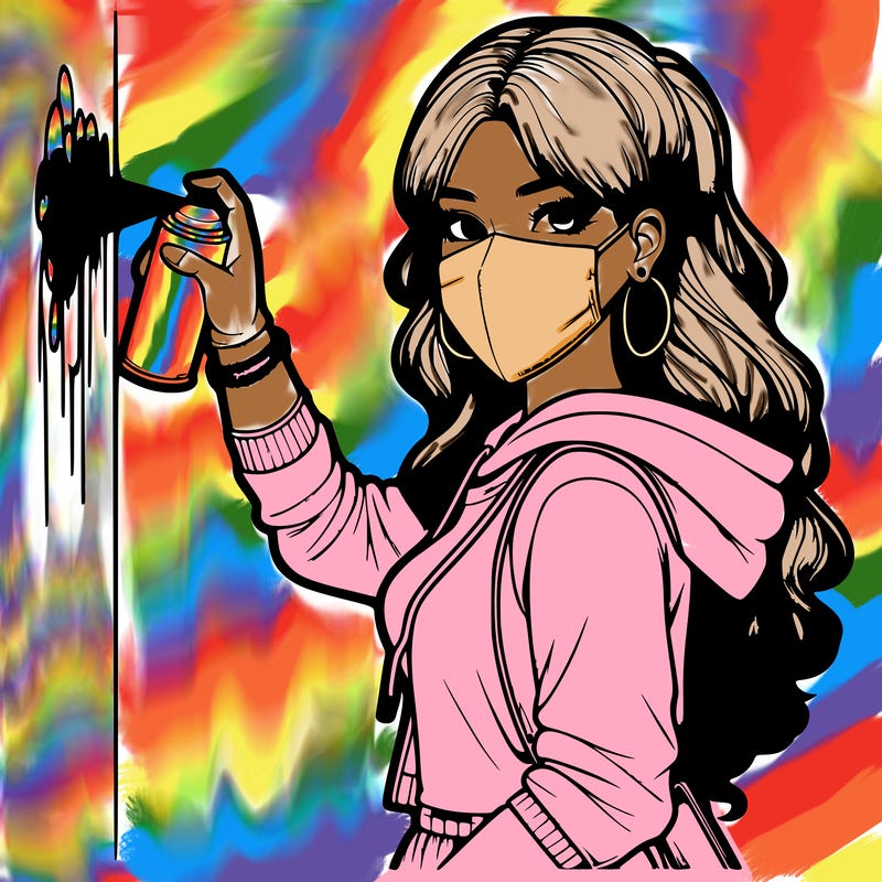 realistic girl with mask spray painting a wall