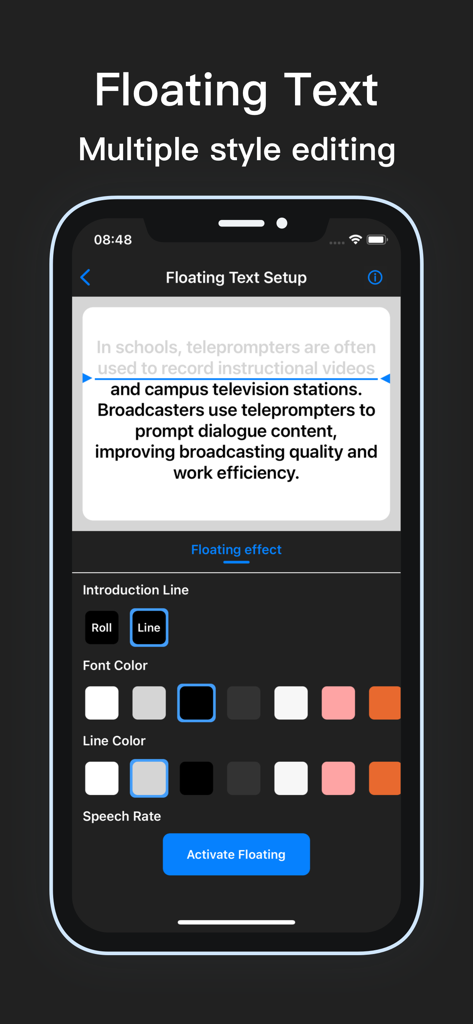Floating Text - Teleprompter - Interface of the Floating Text Teleprompter app showing script customization options like font color and line style.