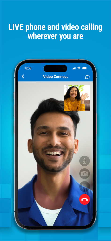 A live video call on the Securus Mobile app between a woman waving and a smiling man