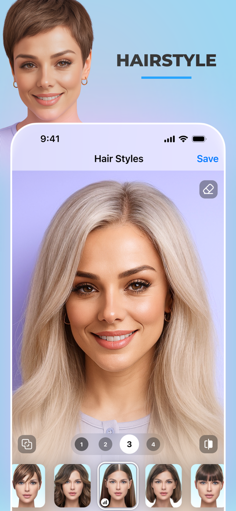 다양한 머리 길이와 색상을 시도하는 여성이 있는 FaceApp 헤어스타일 에디터가 표시된 스마트폰 화면