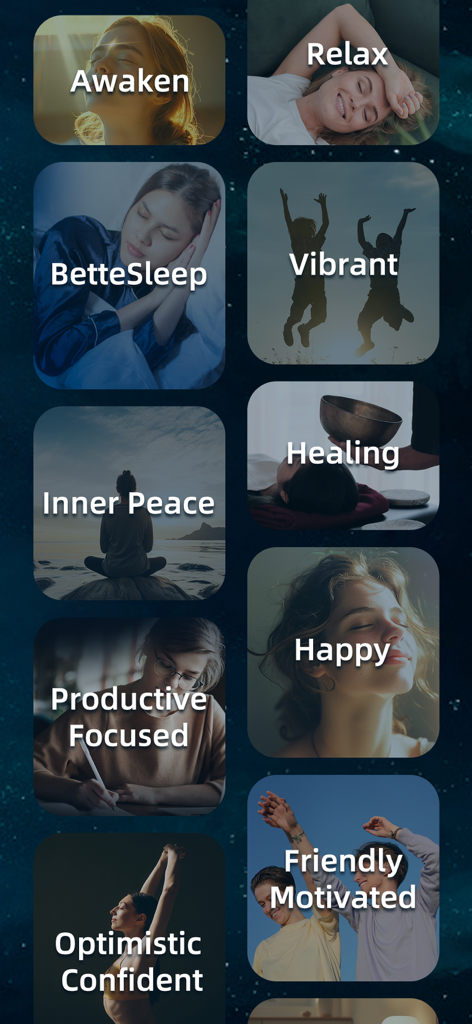 A grid of guided meditation categories including sleep inner peace and healing themes