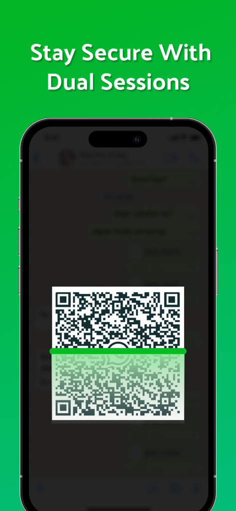 Dual Messenger-Duo Web Chatapp - A mobile app screen showing a QR code scan for secure dual messaging sessions on an iPhone