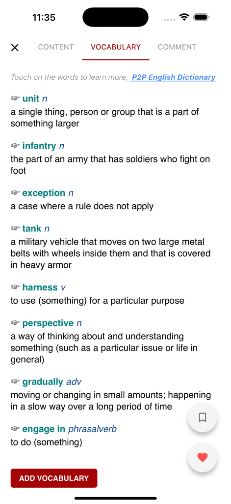 English Listening - 6mins - Vocabulary list with word definitions in the English Listening mobile app.