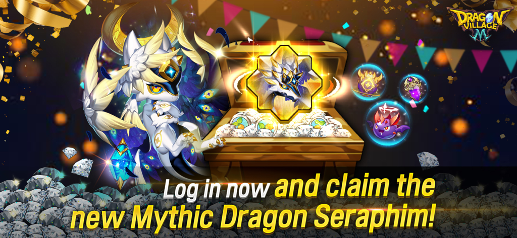 Bannière promotionnelle pour Dragon Village M présentant le Dragon Mythique Séraphin et une récompense de coffre au trésor