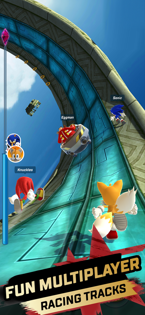 Sonic, Tails, Knuckles y Dr. Eggman compitiendo en una carrera multijugador para 4 jugadores en una pista de loop-de-loop a alta velocidad
