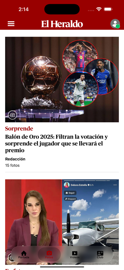 Diario El Heraldo Honduras - The El Heraldo Honduras mobile app displaying news about the Ballon d'Or and local entertainment.