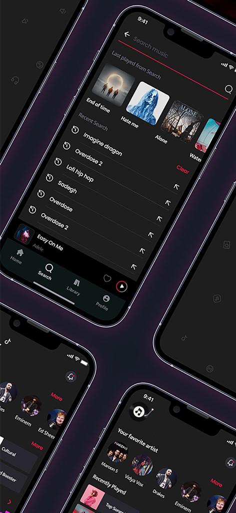 Volume Booster ▸ - Multiple iPhone screens displaying the dark themed music search and artist selection UI of the Volume Booster app