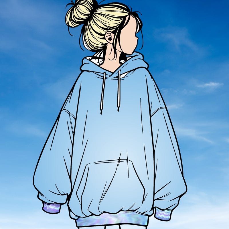 realistic girl with a oversized sweatshirt on and a bun