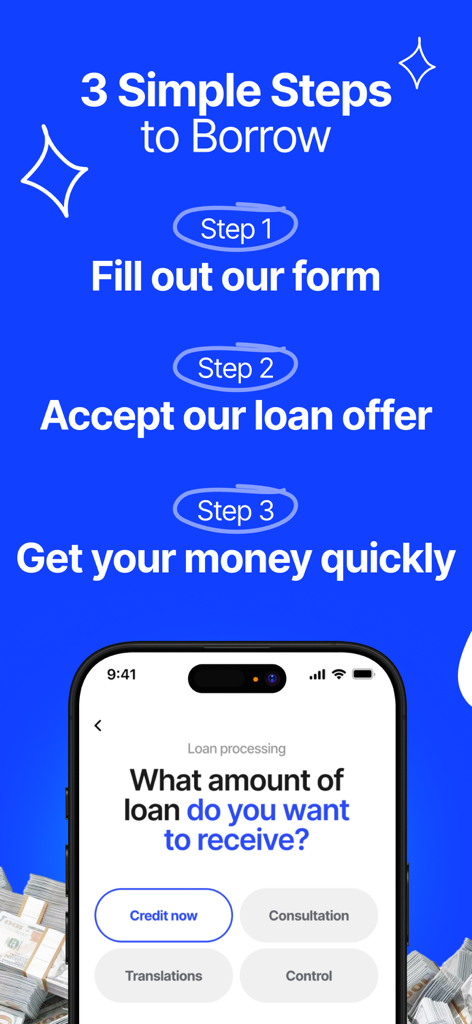 Borrow Money – Fast Loans App - A guide showing three simple steps to borrow money and get cash quickly using the fast loans app