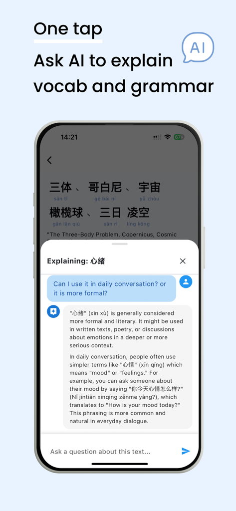 Novli - Learn Chinese - Interface do aplicativo Novli mostrando uma explicação de IA sobre o uso de vocabulário e gramática em chinês
