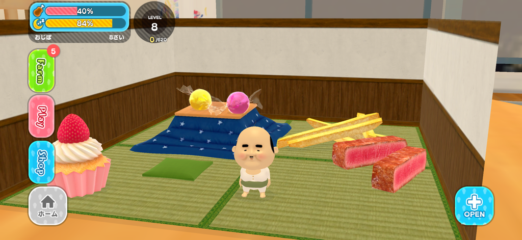 Raising Ojipockle - A quirky tiny old man fairy standing in a cardboard room surrounded by oversized snacks like steak and a cupcake.