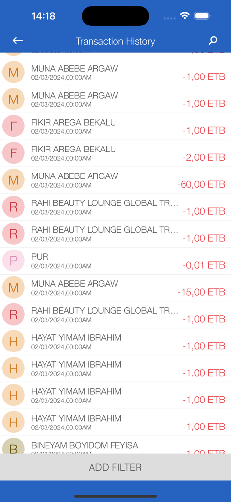 Awash-Online - Transaction history list in Awash Online app displaying recent transfers and payments in ETB