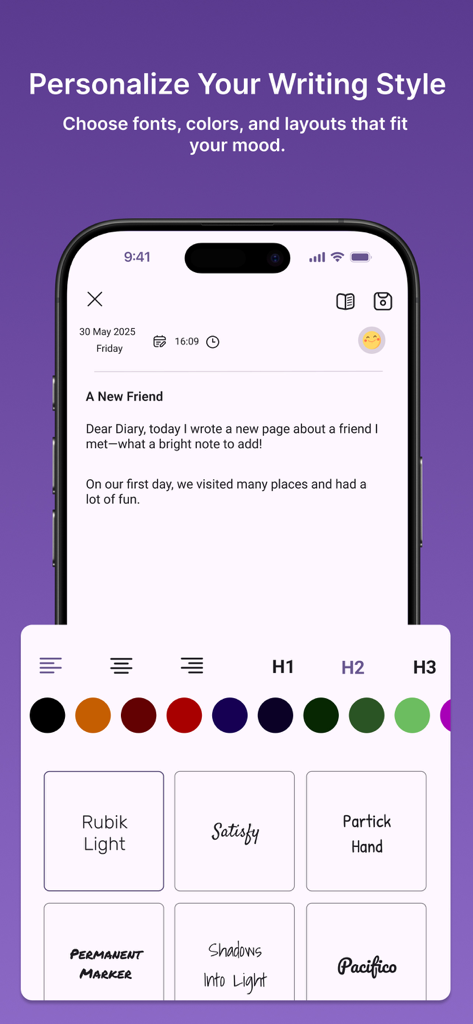 Daynote : Diary with Password - Interface of the Daynote diary app showing text personalization options including font styles, colors, and header layouts