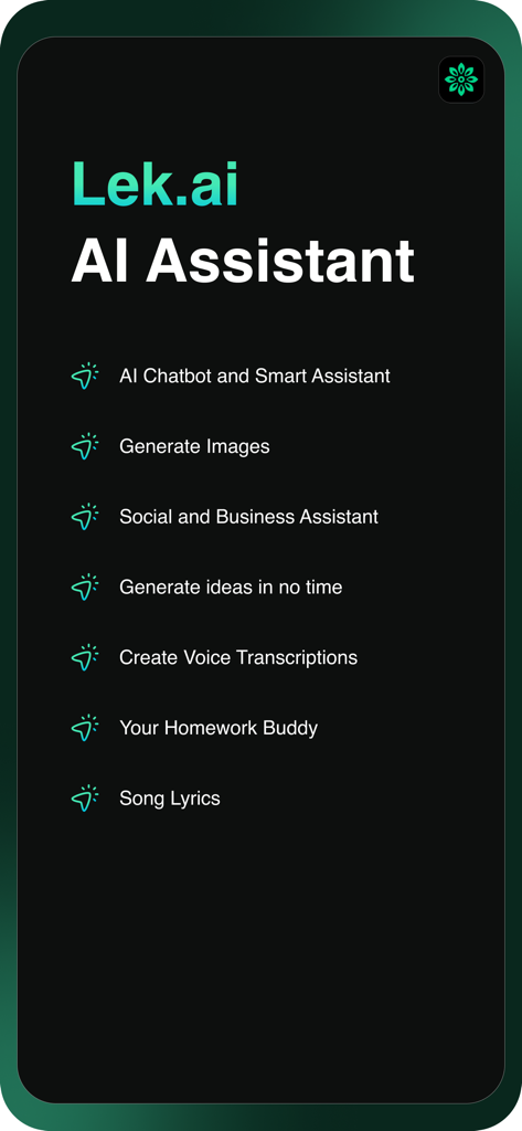 AI Writer Assistant - Lek - Screenshot of Lek AI Assistant app showing a list of features including image generation and social assistant