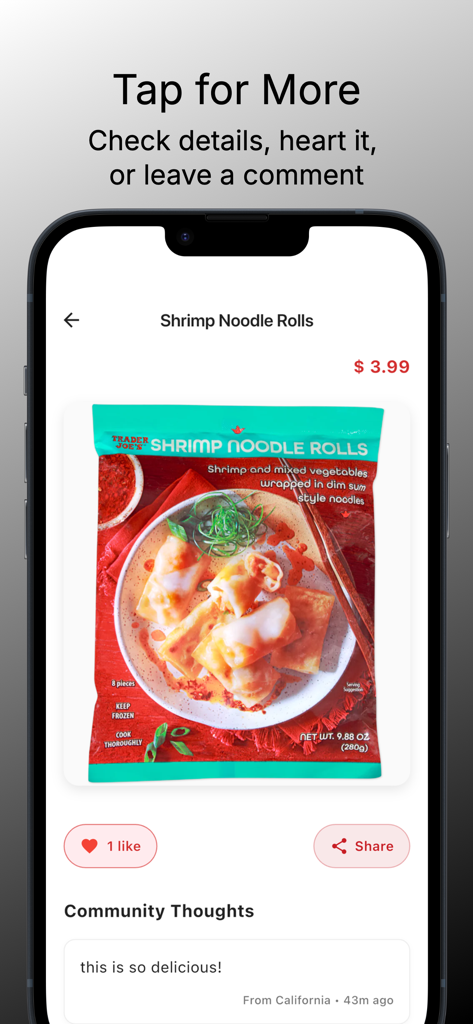 A mobile app screen showing Trader Joe's Shrimp Noodle Rolls with price, likes, and a community comment.