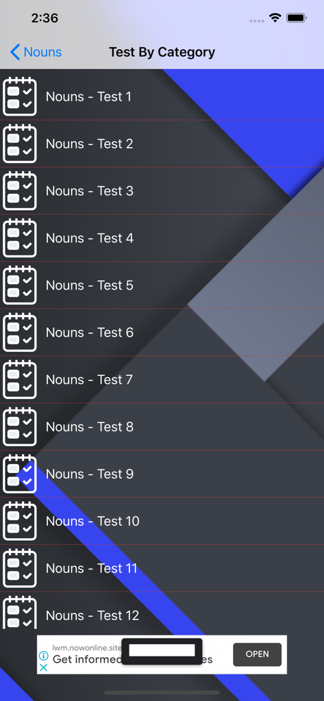 Lista de pruebas de gramática de sustantivos por categoría en la aplicación English Grammar