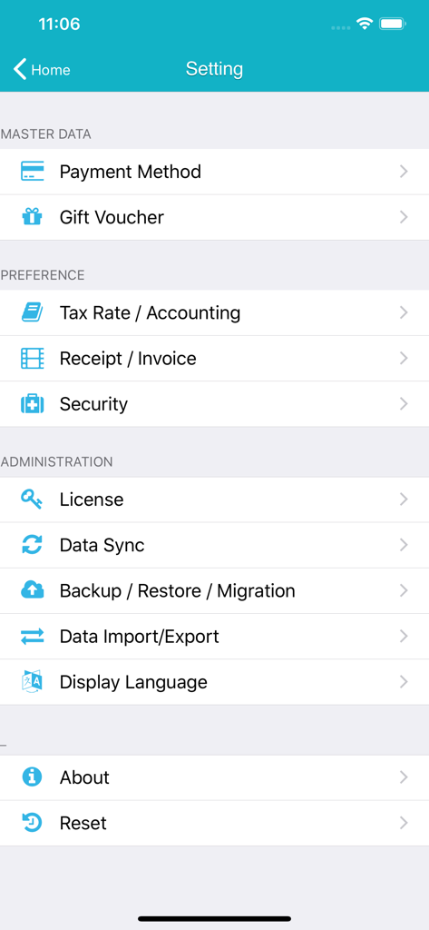 Settings menu of TapPOS inventory sale manager showing master data and administration options