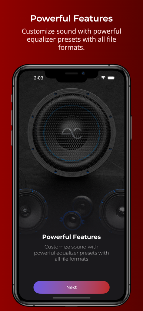 AV Box: Volume Booster and EQ - AV Box app onboarding screen showing speaker graphics and equalizer preset features